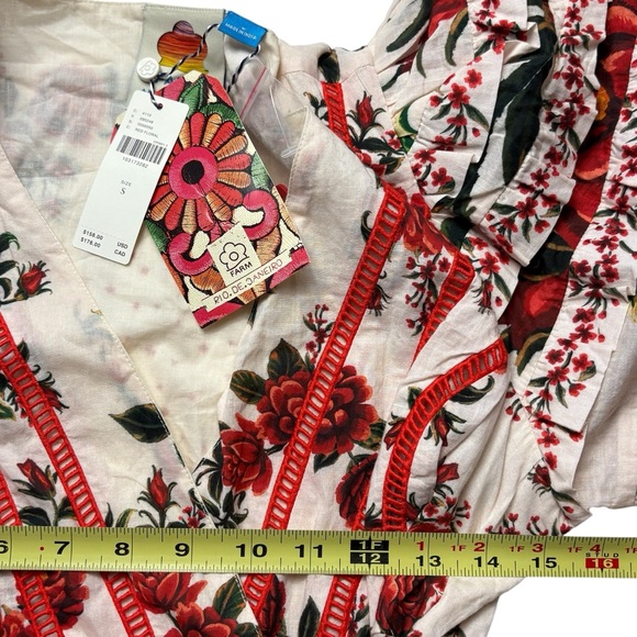 NWT Farm Rio x Anthropologie Vibrant Red Floral Wrap Top Size S Puff Sleeve - Picture 7 of 14